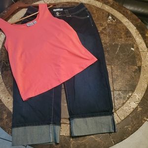 Chicos outfit Dark Blue plantinum cropped jeans sz 1 & coral tank top Sz 1